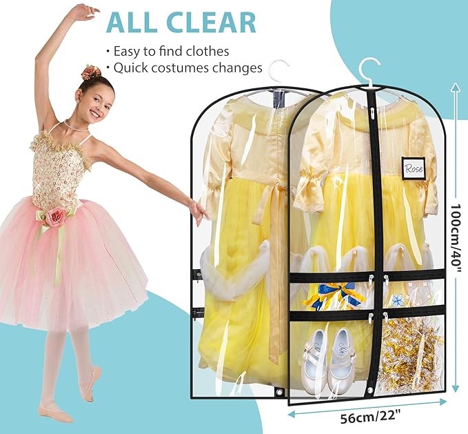 (similar) clear dance garment bags for dancers with pockets," kids dance costume garment bag for travel and dance competition, hanging clothes storage for dress, uniform, black