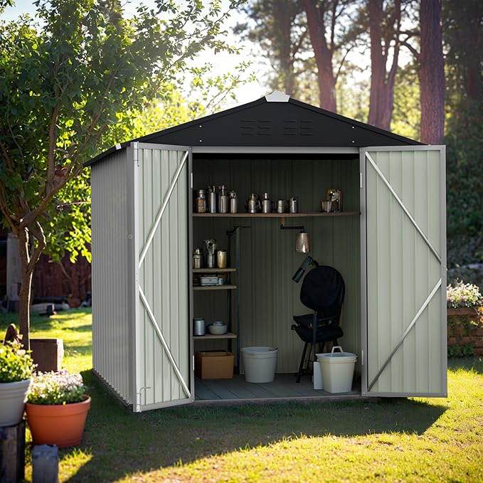 (incomplete box 1of 2 ) 6' x 4' Outdoor Storage Shed, Metal Garden Shed with Lockable Door and Gloves, Tool Shed for Backyard Garden Patio Lawn