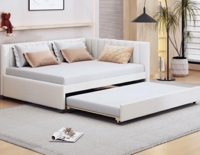 ( incomplete only box 1 of 2 ) Full Daybed with Trundle Sofa Bed Frame,Upholstered Sofa Bed with Wooden Slats,Modern Bed for Living Room Office,No Box Spring Needed,Beige