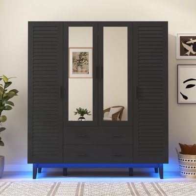 (incomplete)(similar)4 Door 71" Armoire Wardrobe With LED Lights, Hanging Rod, Drawers, And Shelves