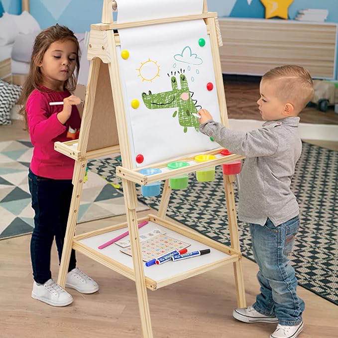 3-In-1 Foldable Wooden Kids Easel with Paper Roll Holder, Double Sided, Height Adjustable
