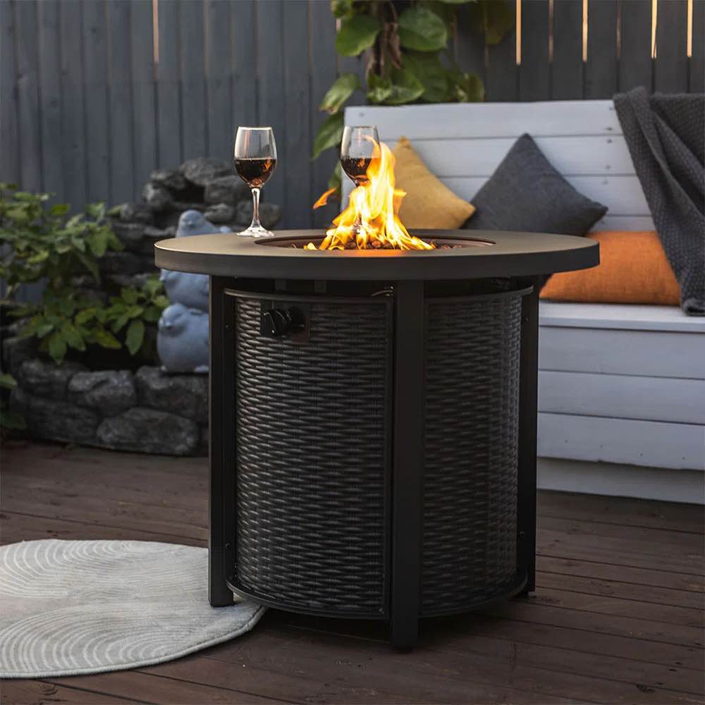 Mokena 24" H x 30" W Propane Fire Pit Outdoor Round Table with Lava Rocks and Cover Lid