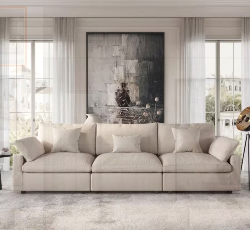 (INCOMPLETE ) Square Arm Plush Linen 3-Piece Comfy Couch Deep Seat Cloud Modular Sectional Sofa with Washable Covers in Khaki