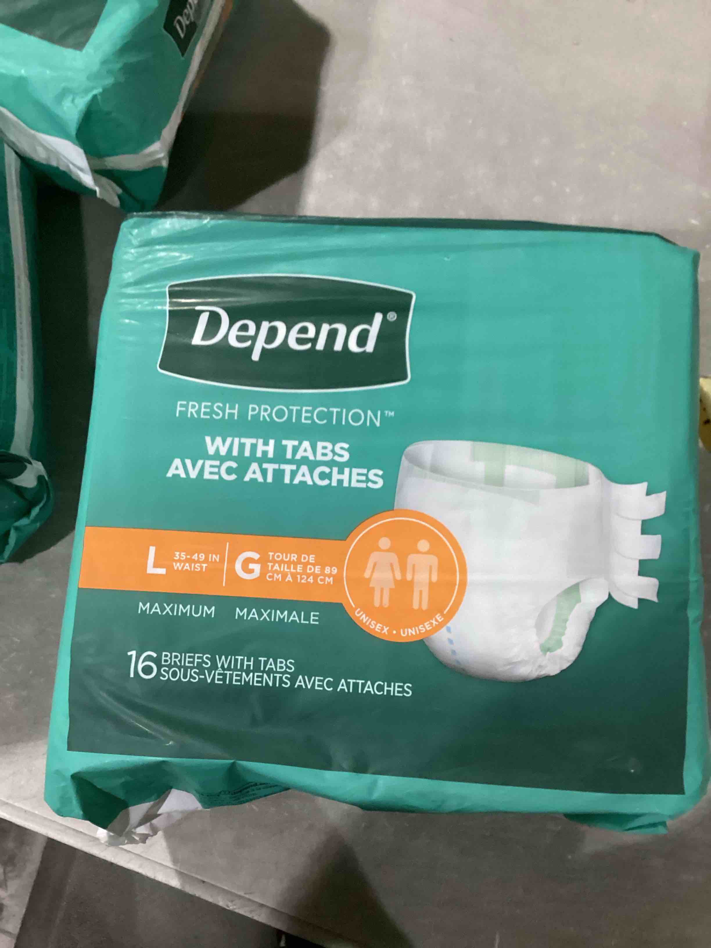 (16 BRIEFS) Depend Incontinence Protection with Tabs, Unisex, Large (35–49" Waist, over 170 lbs), Maximum Absorbency, 