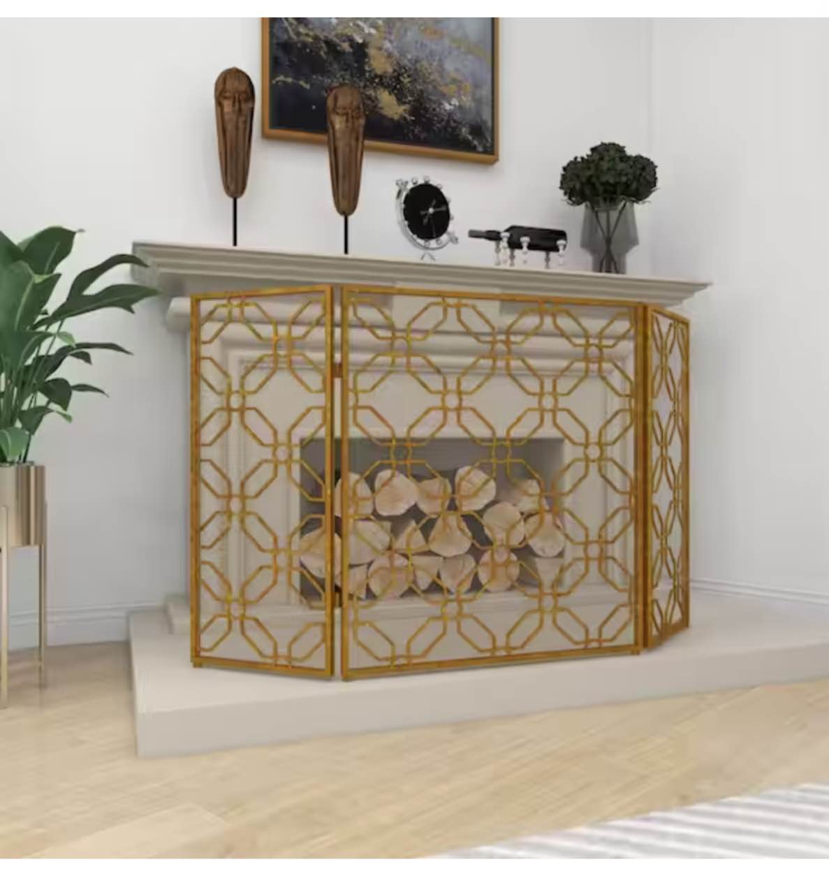 Venturi Metal Foldable Mesh Netting 3 Panel Geometric Fireplace Screen with Chevron Pattern Finish: Gold