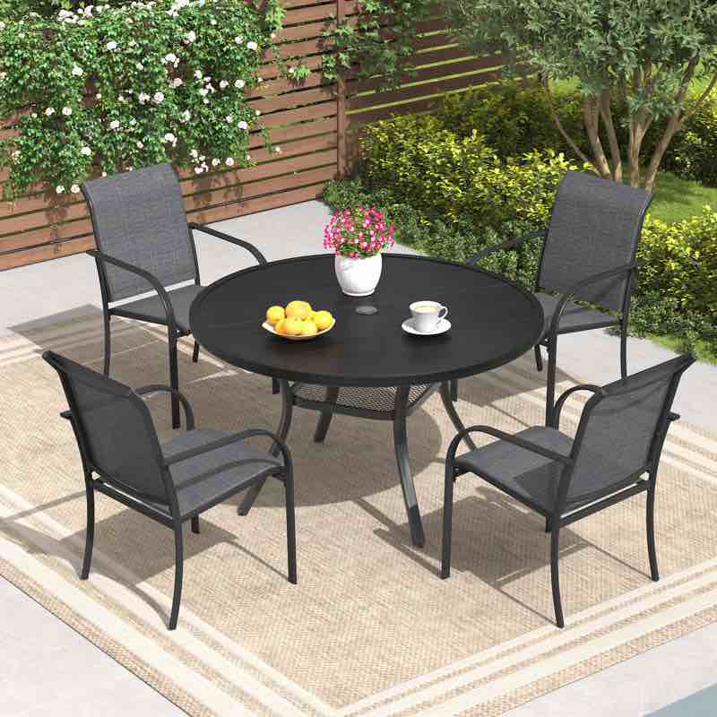 (incomplete only  table)-Person Round Patio Dining Set with Faux Wood Plastic Dining Table and Stackable Textilene Armrest Chairs Color: Brown/Black
