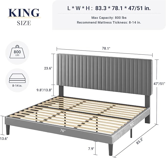 Allewie King Platform Bed Frame, Velvet Upholstered with Adjustable Vertical Channel Tufted Headboard, Mattress Foundation with Strong Wooden Slats, Box Spring Optional, Easy Assembly,