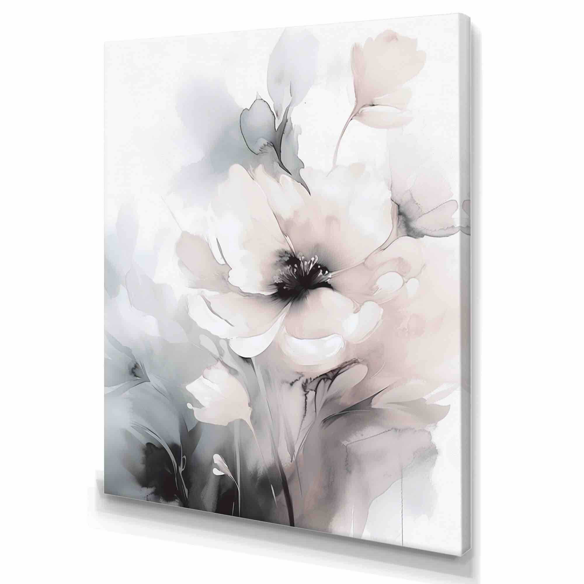 Soft Light Grey Flowers I - Floral Canvas Art Print