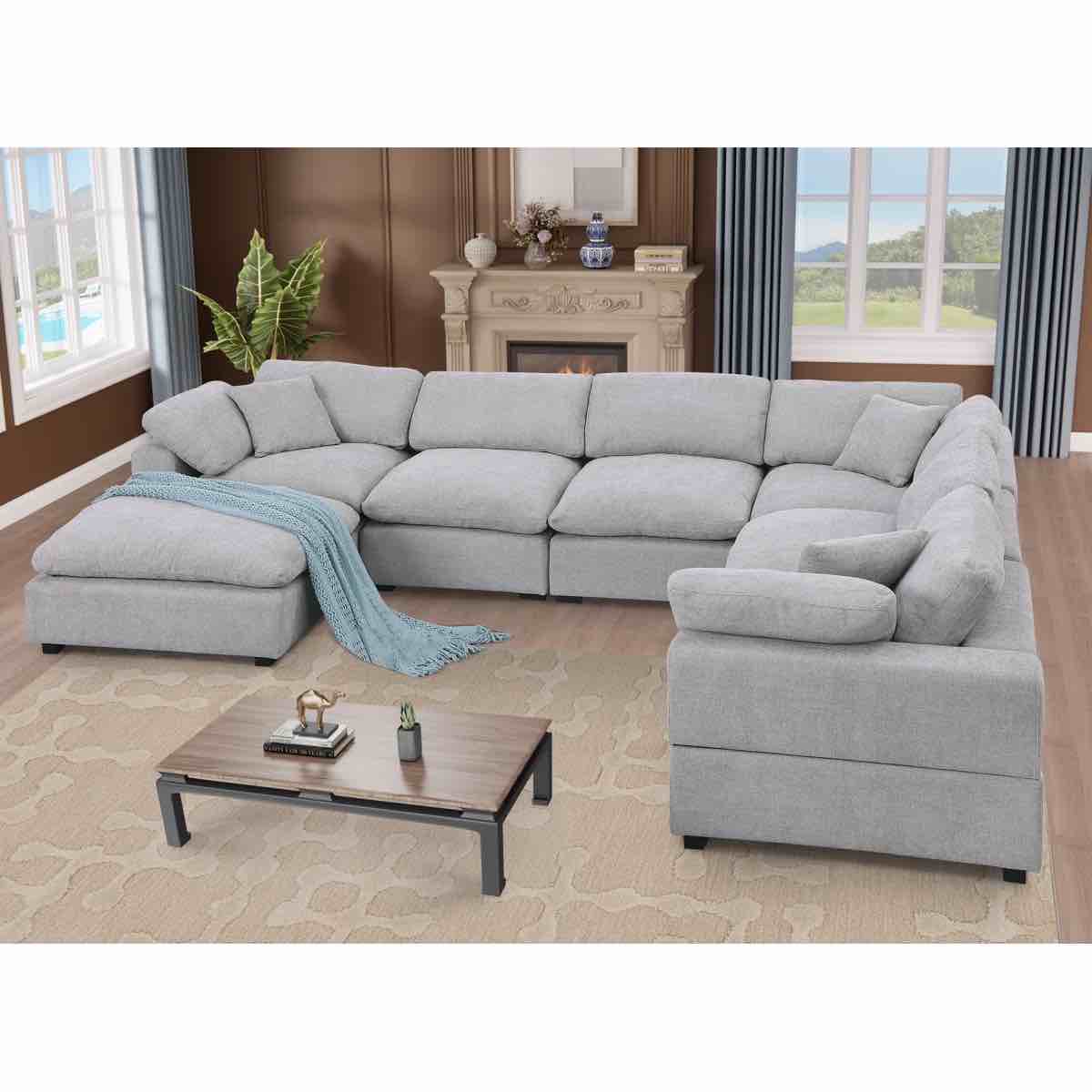 (INCOMPLETE) (MISSING 1 BOX) Vivianna 7- Piece Comfy Reversible Corner Sectional Sofa Couch With Ottoman Body Fabric: Light Gray