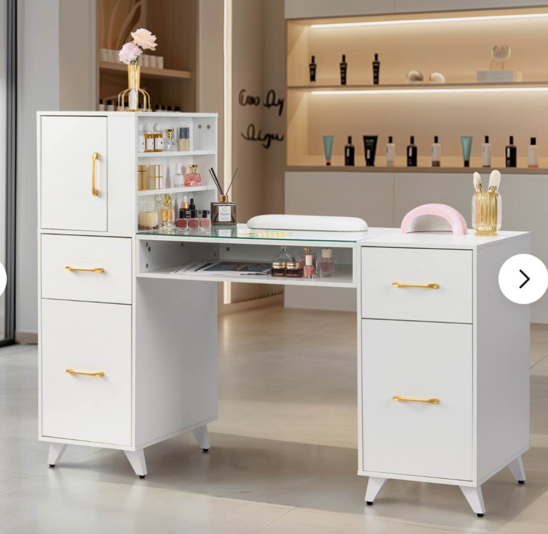 INCOMPLETE (BOX 1 OF 3) Classic Manicure Table with Glass Top, Nail Desk with Drawers, Vanity Makeup Desk