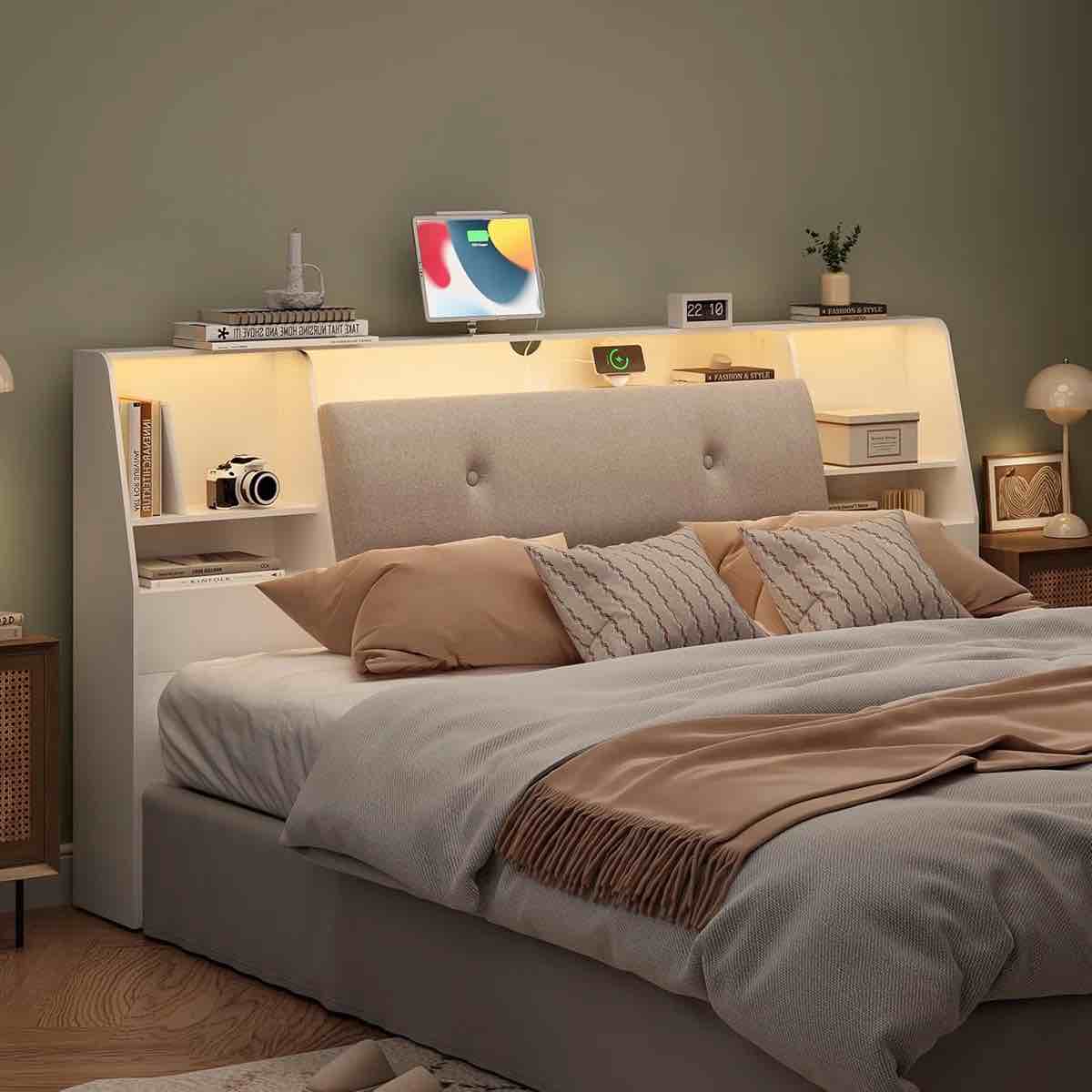 (INCOMPLETE) 2 in 1 Bookcase Headboard With Charging Station & 2 Led Lights,Removeable Upholstered Panel Color: White, Size: King