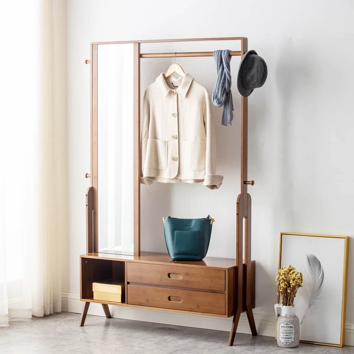 Benedetto 32.9'' Clothes Rack Storage Shelves Solid Wood Garment Hanging