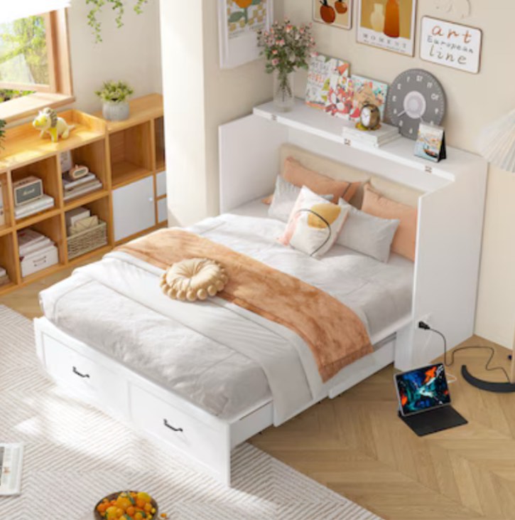 (INCOMPLETE) (BOX 2 OF 2) FUFU&GAGA White Queen Composite Murphy Bed with Storage