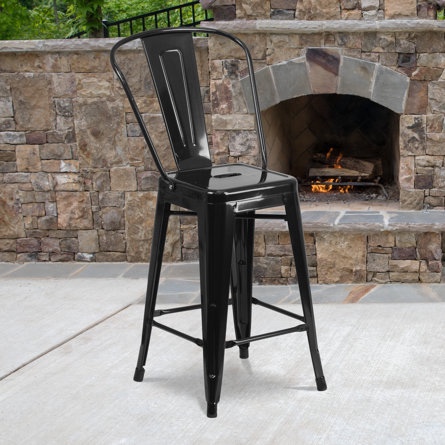 Iddings 24" High Metal Indoor-Outdoor Counter Height Stool with Back Seat Height: Bar Stool (30" Seat Height), Color: Black Faux Leather, Number of Stools: 1