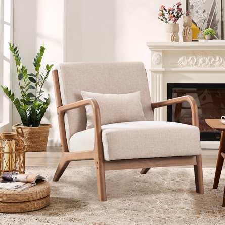 Lemley Mid Century Solid Wood Accent Chair Upholstered Armchair with an Extra Pillow