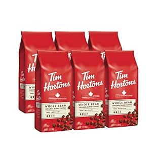 Tim Hortons Whole Bean Original, Medium Roast Coffee, Made with 100% Arabica Beans, 12 Ounce Bag, 6-Pack