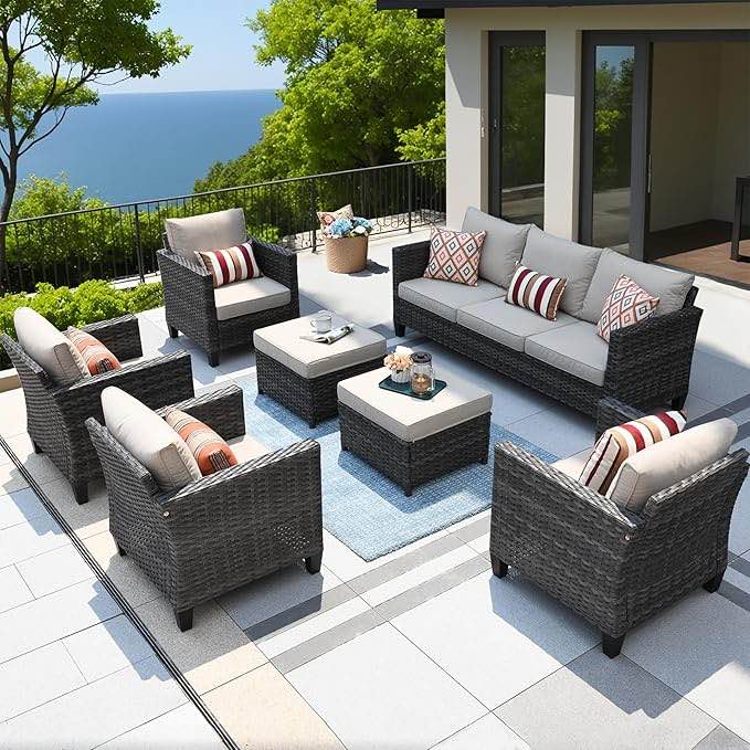 Knights 7 Piece Rattan Sectional Seating Group with Cushions Cushion Color: Aegean Blue