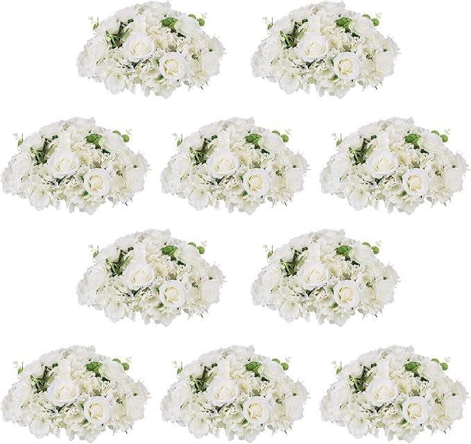 NUPTIO Flower Ball Arrangement Bouquet - 10 Pcs 15.7 inch Diameter White Fake Flowers Roses Balls for Centerpieces Tables - Artificial Rose Arrangements for Wedding Centerpiece Table Decorations 15¾\" Diam - 10 PCS White SIMILAR ITEM