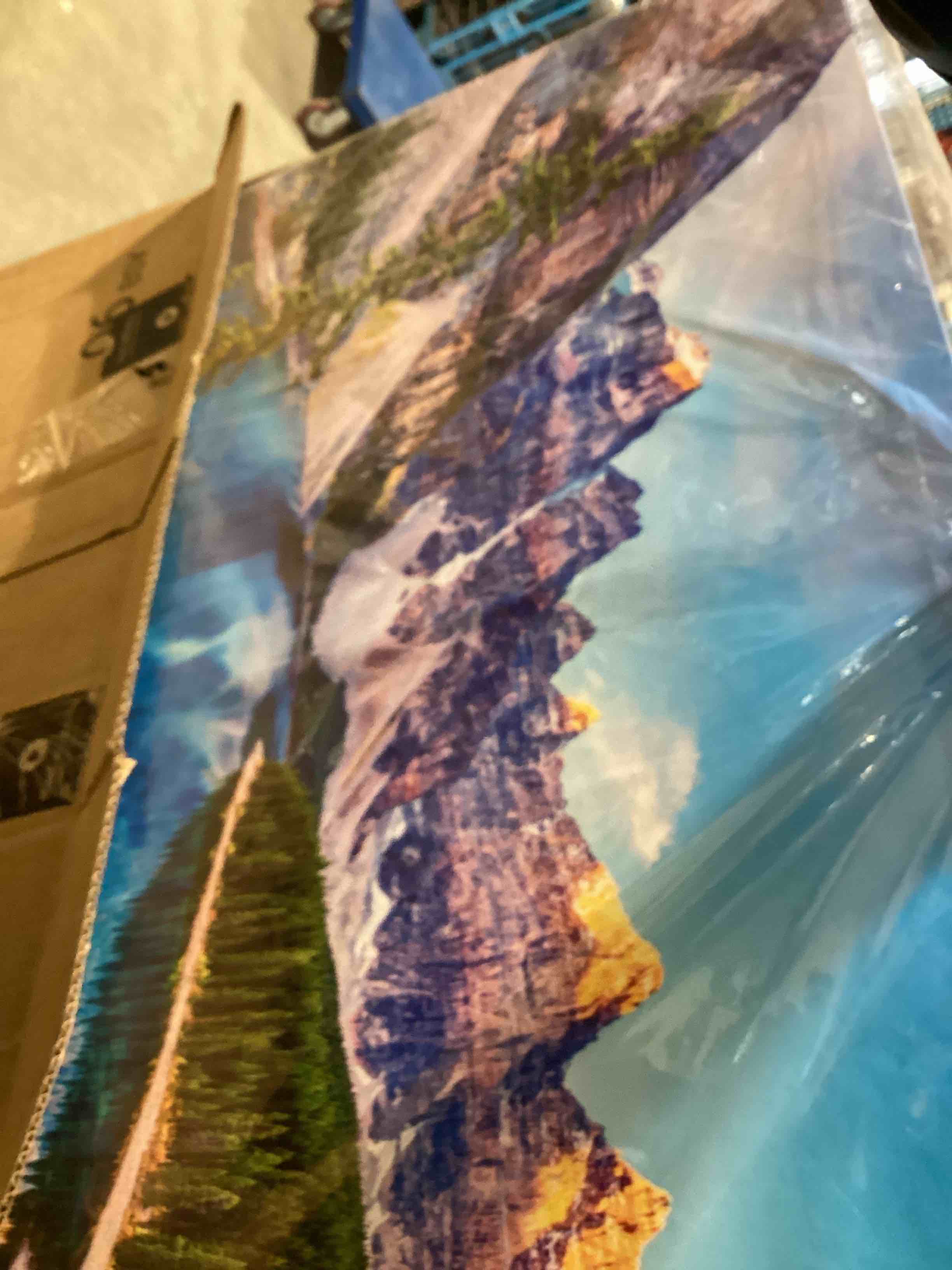 Condition photo showing As Is for HLNIUC Boho Abstract Blue Orange Mountain Wall Art Framed, Large Pine Tree Ridge Wall Decor (20"x40"), Sunset Forest Landscape Canvas Painting, Nature Prints for Living Room, Bedroom, Office