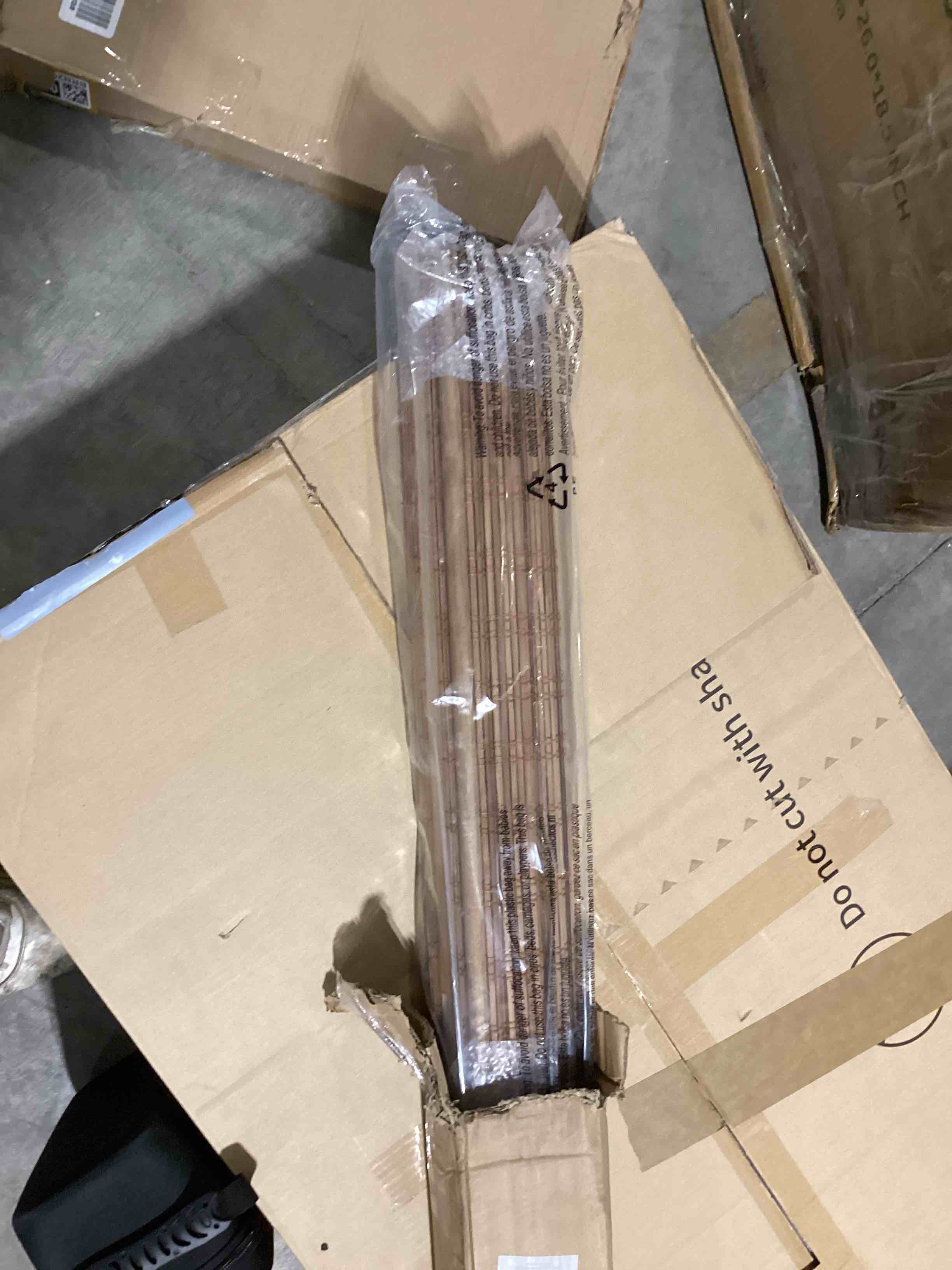 Condition photo showing As Is for DEJAVU Cordless Bamboo Roman Shades, Blackout Light Filtering Blinds for Indoor Windows, Natural Woven Shades With Valance for Patio, Doors, Easy to Install, Pecan Color