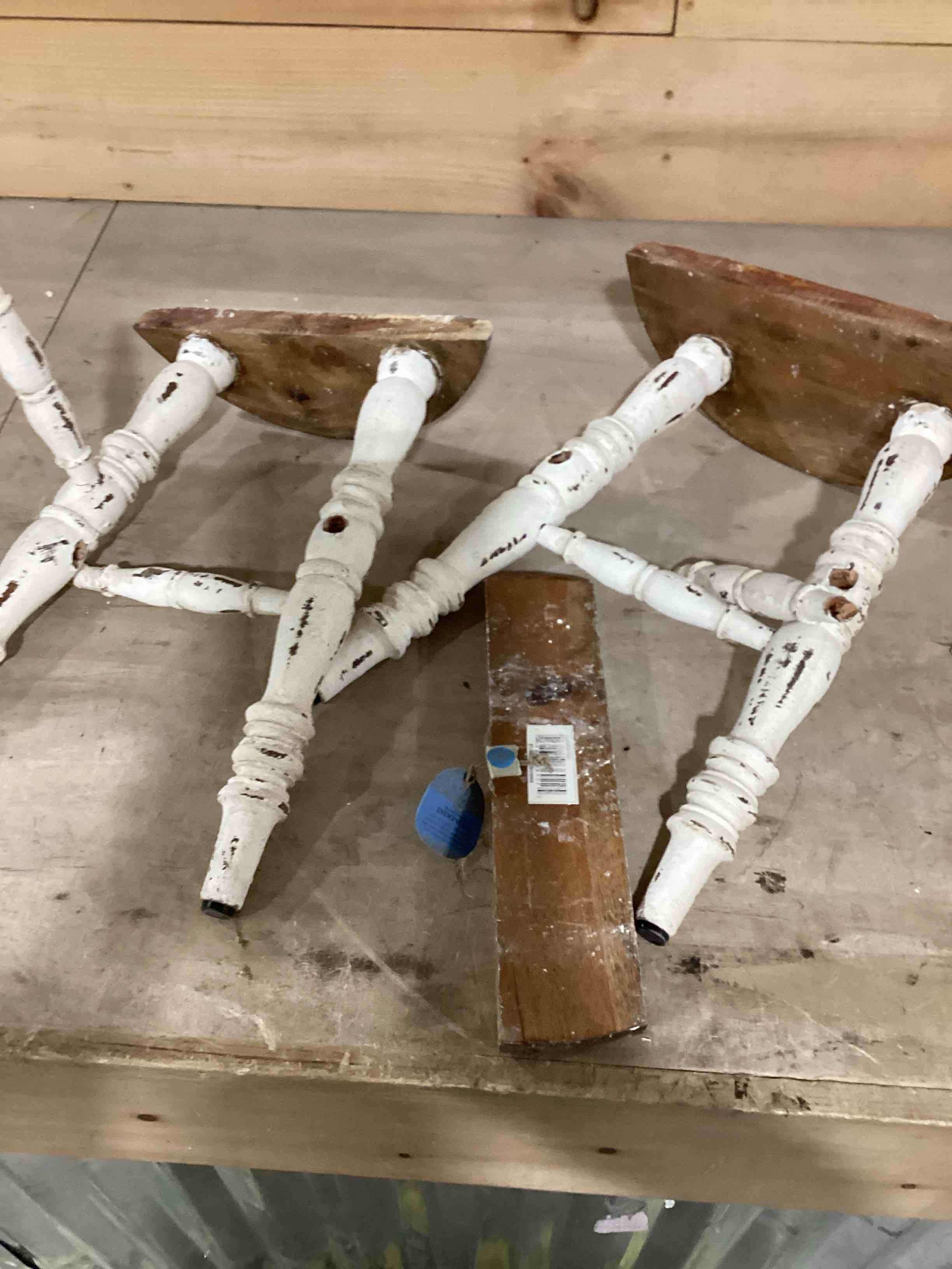 Condition photo showing As Is for Deco 79 Wood Stool with Brown Wood Top, 14" x 14" x 18", White
