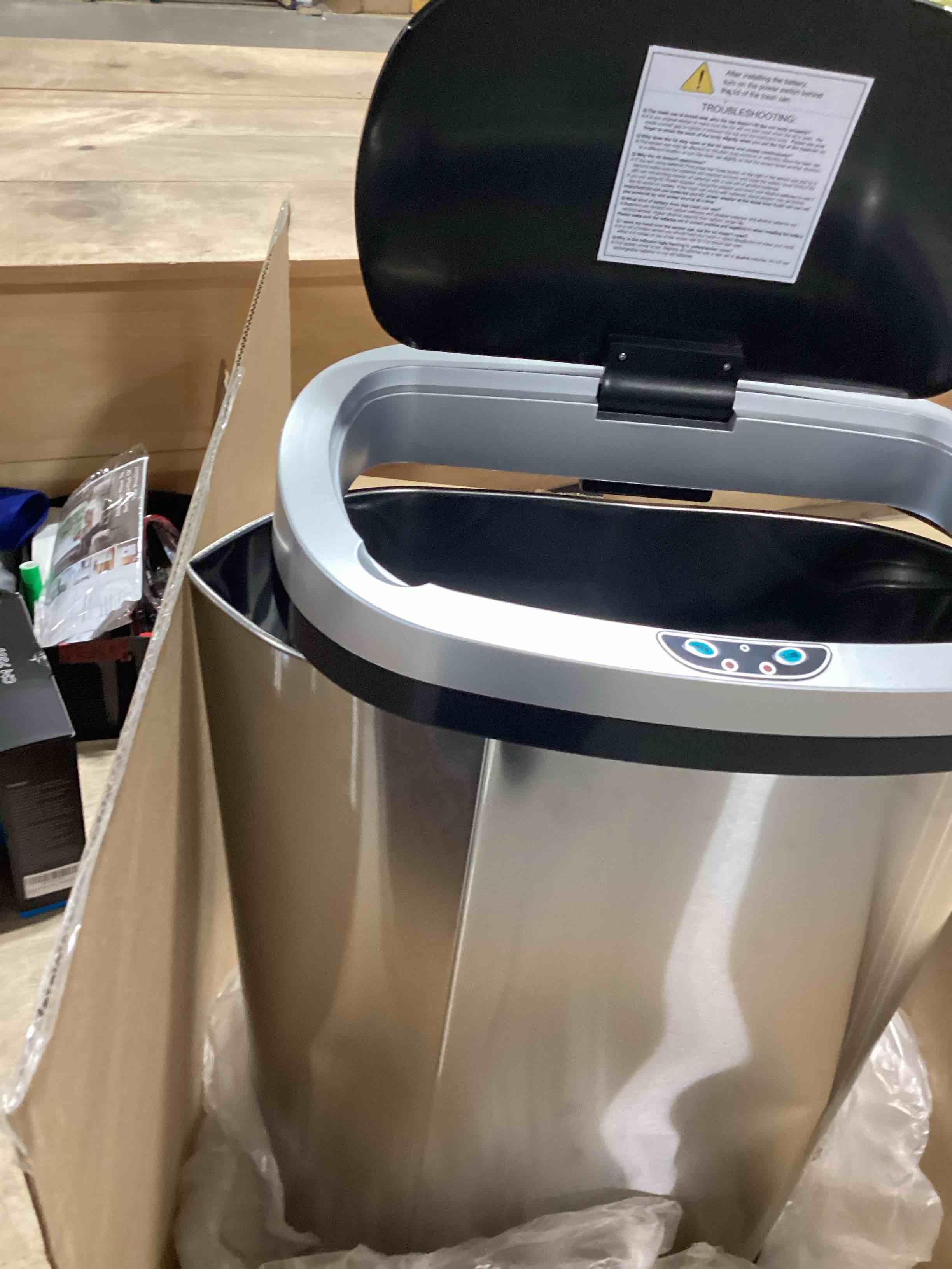 Condition photo showing As Is for Kitchen Trash Can with Lid, 13 Gallon Automatic Garbage Can for Bathroom Bedroom Home Office 50 Liter Touch Free High-Capacity Brushed Stainless Steel Waste Bin