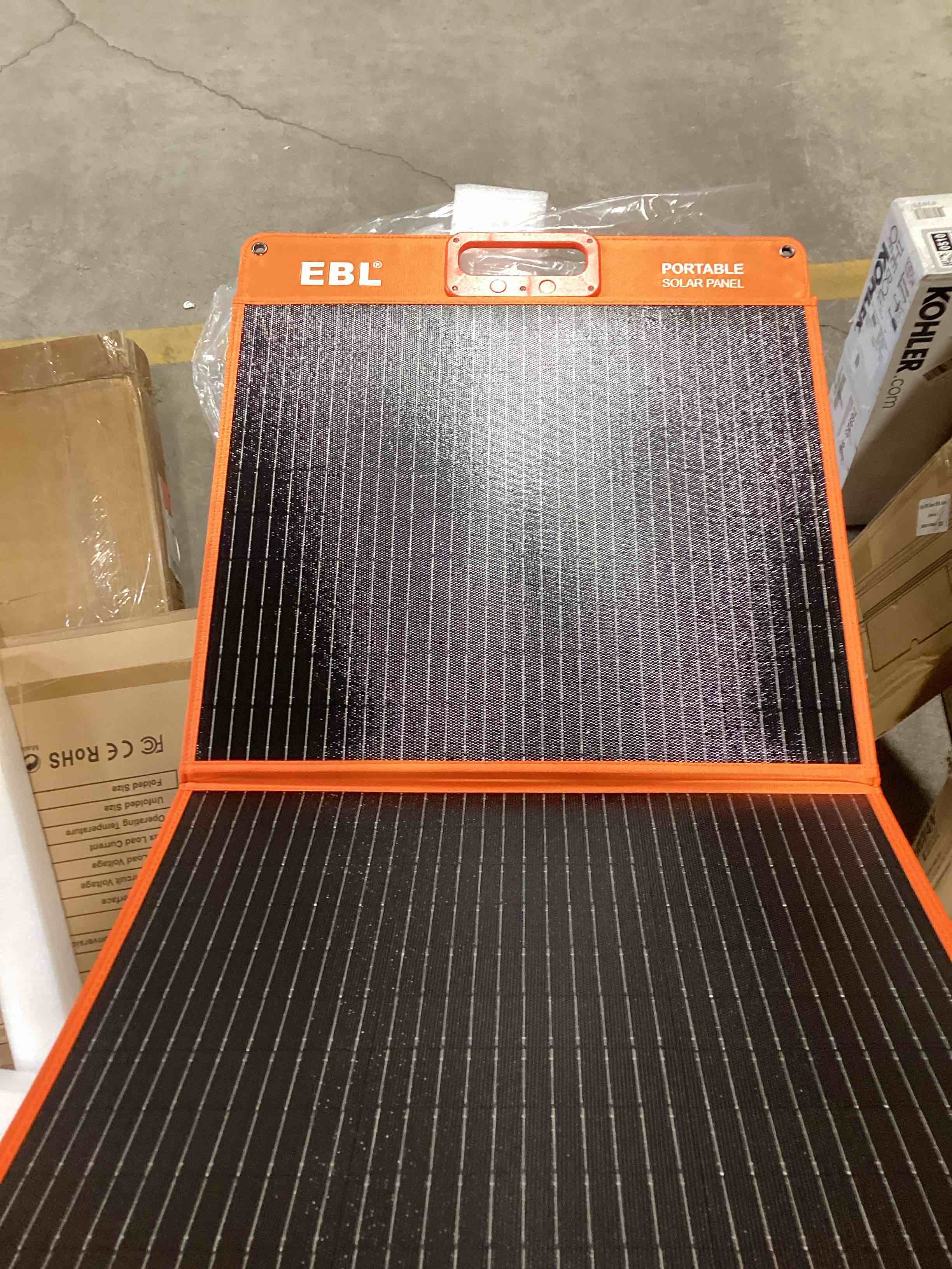 Condition photo showing New/Like New for EBL 200W Portable Solar Panel for Power Station, Waterproof IP65 Foldable Solar Panel with MC-4 Anderson Output Connector for RV, Camping, Blackout
