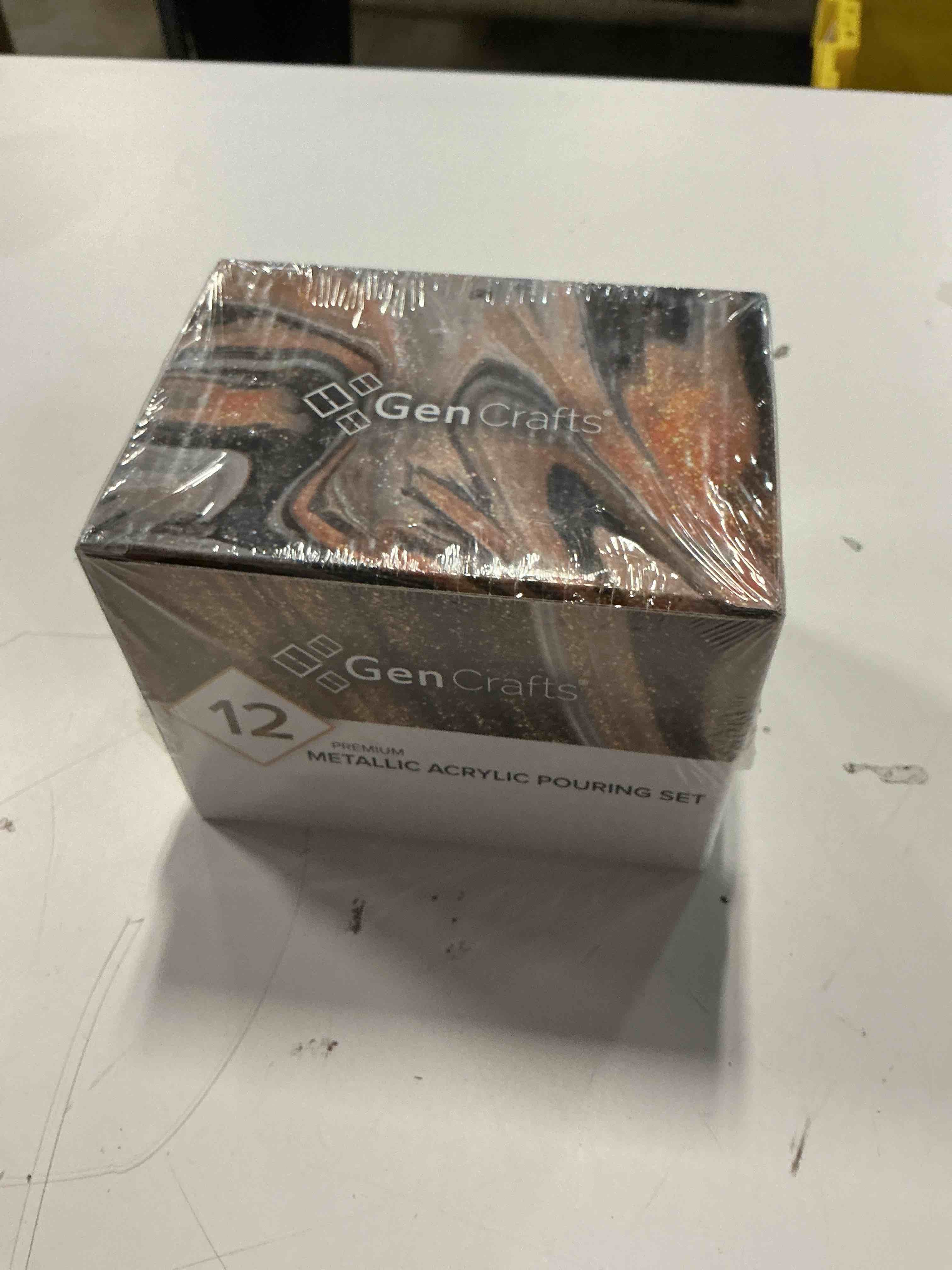 Condition photo showing item condition for GenCrafts Metallic Acrylic Pouring Paint 12 Colors Pre-Mixed High Flow & Ready to Pour - 2 oz./60 ml Bottles - Multi-Purpose Paints for Canvas, Paper, Rocks, Wood Metallic 12 x 60ml (2 fl oz)