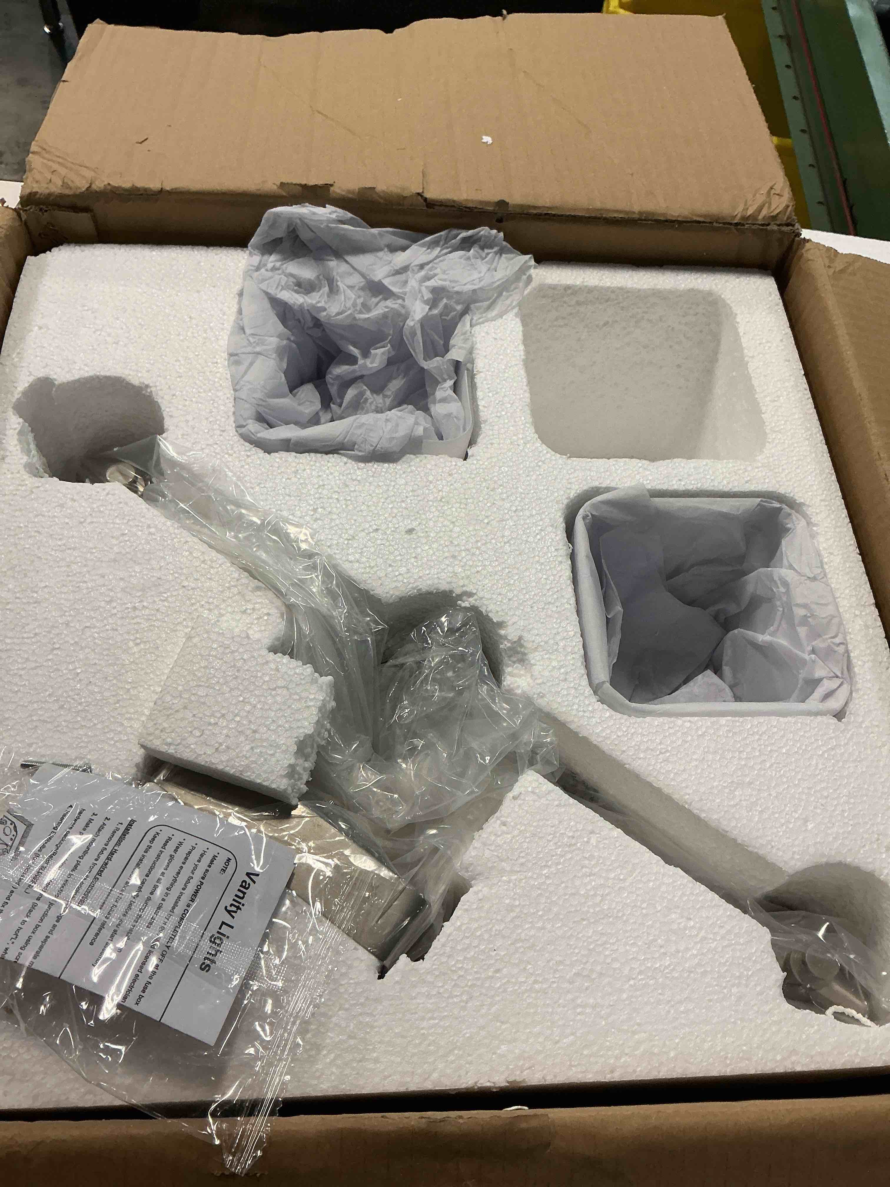 Condition photo showing As Is for ( one light is missing) 3-Light Modern Bathroom Vanity Light, Wall Sconce Over Mirror with Milky White Frosted Glass Shades, E26 Socket (Bulbs Not Included) Nickel 20-Inch