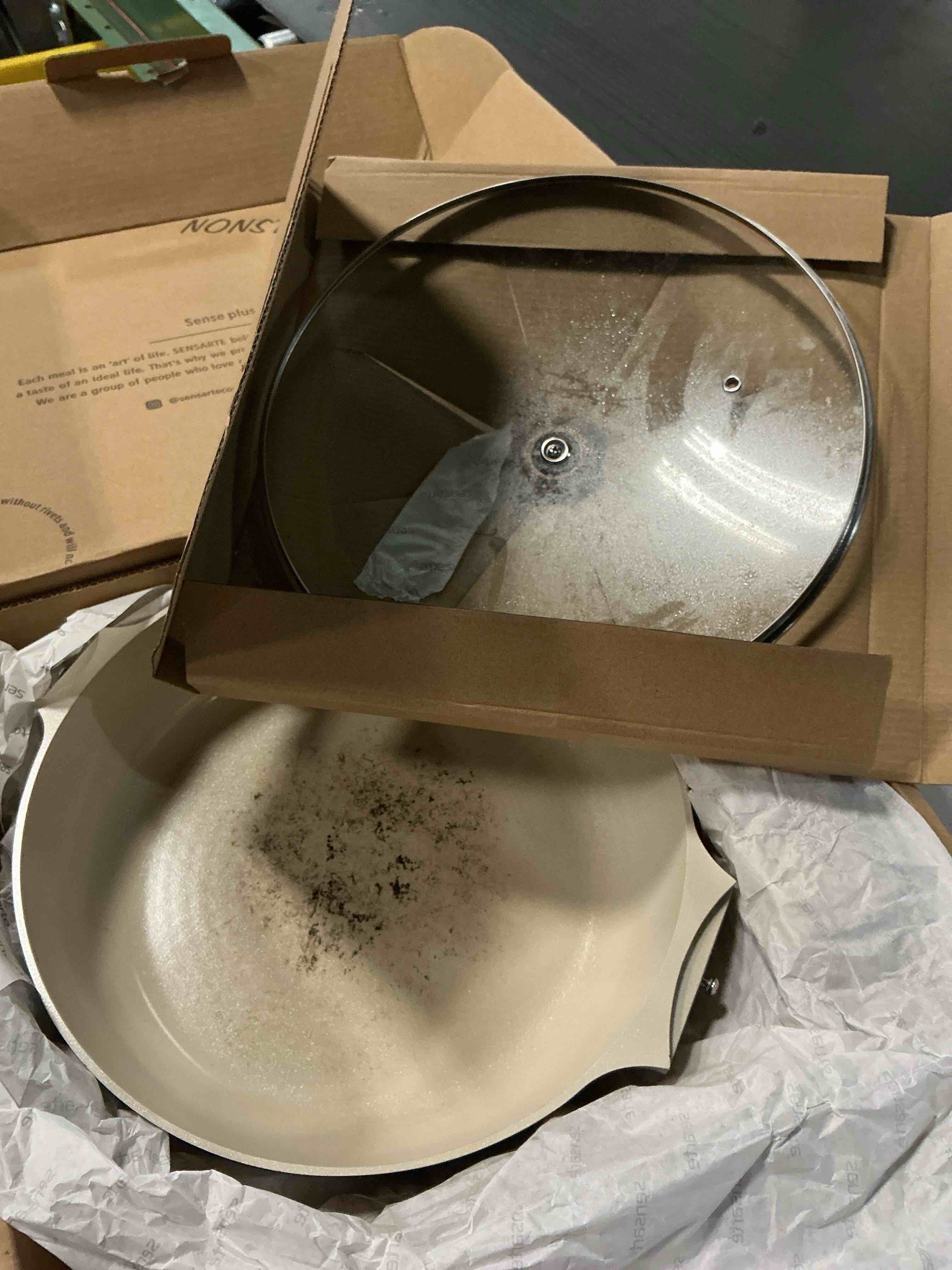 Condition photo showing As Is for SENSARTE Ceramic Nonstick Frying Pan Skillet with Lid, 12 Inch Large Deep Frying Pan, 5 QT Saute Pan, Induction Pan, Healthy Non Toxic Cooking Pan with Helper Handle, PFOA PFAS PTFE Free 5QT / 12IN Ceramic Taupe