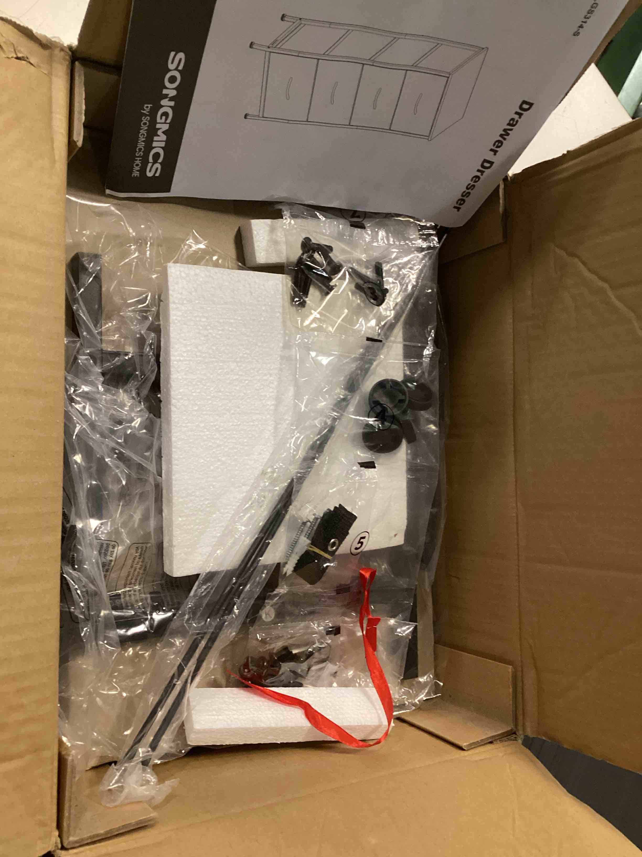 Condition photo showing As Is for SONGMICS Dresser for Bedroom, Chest of Drawers, Steel, MDF, 4 Non-Woven Fabric Drawers, Storage Organizer Unit, Closet, Entryway, Ink Black and Ebony Black ULGS314B01S Ink Black + Ebony Black 11.8"D x 15.6"W x 37.5"H (4 Drawers)