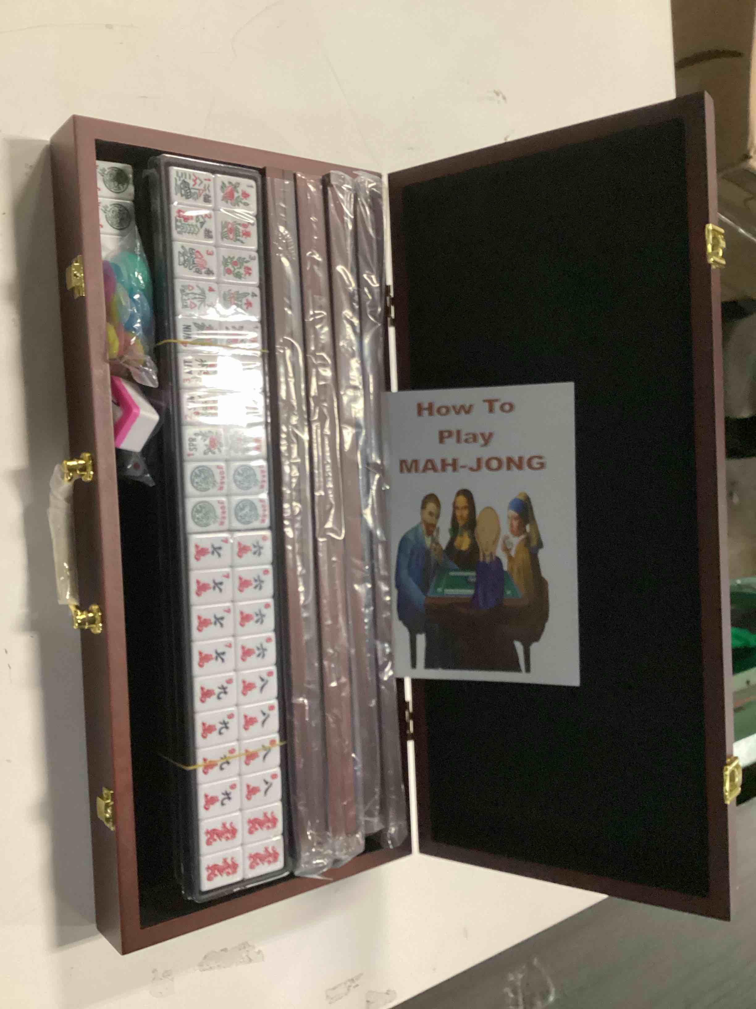 Condition photo showing New/Like New for Yellow Mountain Imports American Mahjong Set, Little Birdie with Wooden Case, Wooden Racks with Acrylic Pushers, Wright Patterson Scoring Coins, Dice, & Wind Indicator