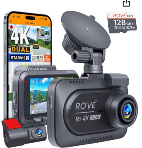 ROVE R2-4K DUAL Dash Cam Front and Rear, STARVIS 2 Sensor, FREE 128GB Card Included, 5G WiFi - up to 20MB/s Fastest Download Speed with App, 4K 2160P/FHD Dash Camera for Cars, 3" IPS, 24H Parking Mode