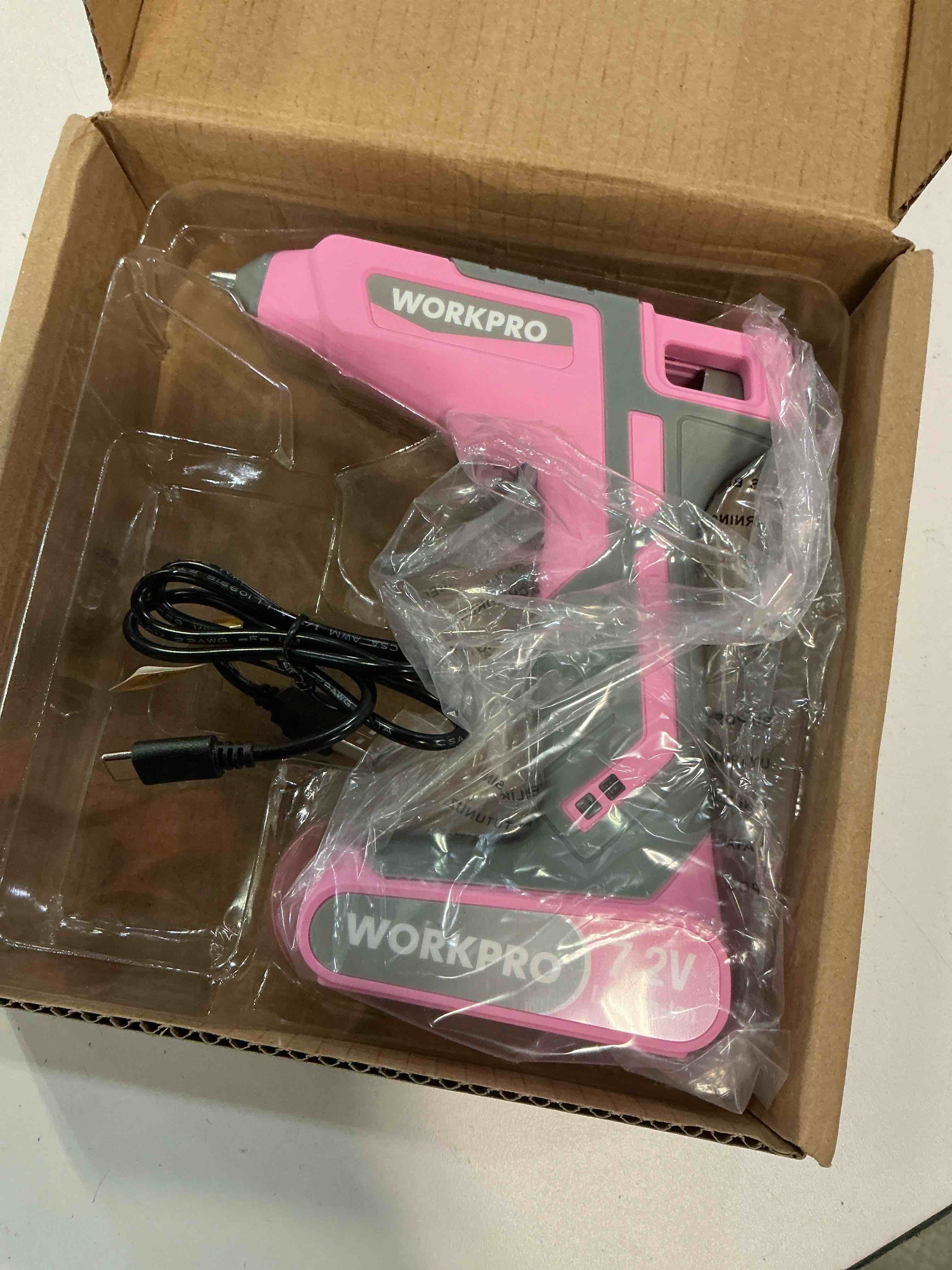 Condition photo showing As Is for (incomplete)WORKPRO Cordless Hot Glue Gun, 7.2V Glue Gun with 50 Pcs Premium Mini Glue Sticks and Storage Bag, 2600mAh Type-C Rechargeable, Dual-Temp Hot Glue Gun Kit for DIY, Crafting and Arts