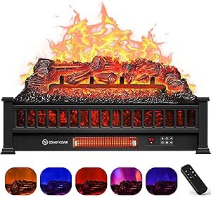 Electric Fireplace Logs Inserts Heater 26-Inch, Remote Controller Fireplace Heater, Adjustable Flame Colors, Realistic Fake firewood Flame, Overheat Protection, Timer, Thermostat, 1500W Black