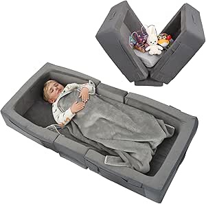 ENITYA Toddler Travel Bed – Portable Foldable Soft Foam Floor Bed for Kids 1–4yr, No Assembly, Washable Cover, Built-in Safety Rails, Compact for Travel & Home Use, Grey