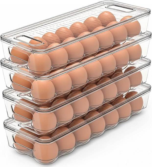 utopia home egg container with lid and handle for refrigerator - pack of 4 - clear stackable egg holder for kitchen storage and organization