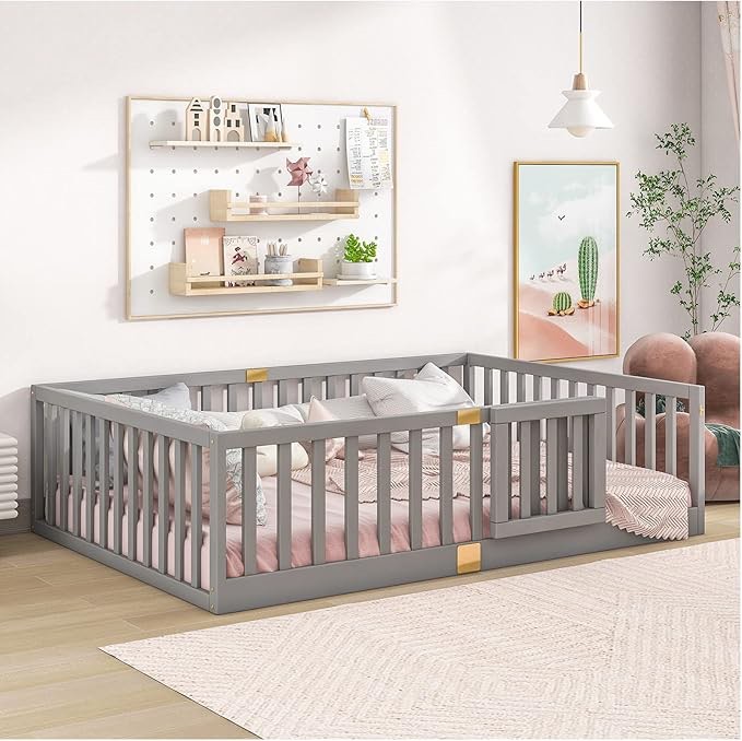 tatub full floor bed with safety guardrails and door, montessori floor bed for kids, wood kids floor beds frame, door can install left and right, full-grey