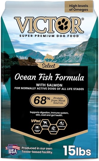 (best by 10/08/25) VICTOR Super Premium Dog Food – Select Ocean Fish Formula with Salmon – Omega-3 and Omega-6 Enriched Gluten-Free Dry Kibble for All Normally Active Dogs of All Life Stages, 15lbs
