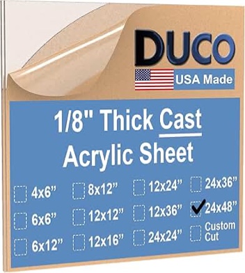 Duco Clear Cast Acrylic Sheet 1/8 Inch Thick 24" X 48" - Pack of 1 Cut to Size, Thin, Clear Acrylic Sheet - Transparent Plexiglass Panel for DIY Crafts, Window Replacements, Signs, Displays, & More