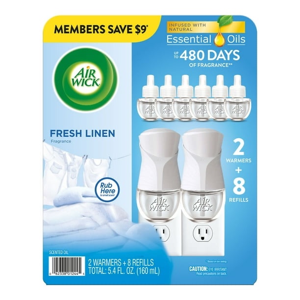 air wick scented oil kit, fresh linen, 2 warmers + 8 refills