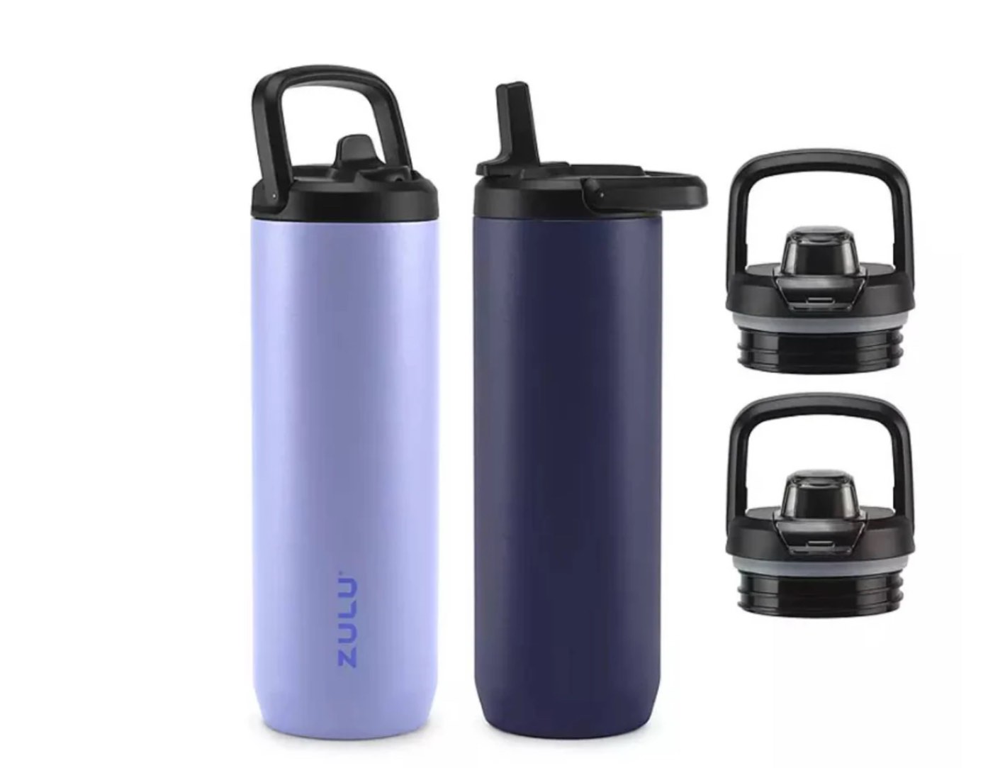zulu base stainless steel water bottle with lids, includes 2 extra lids, color cornflower/midnight - 24 oz each - 2 pack
