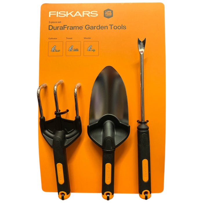 fiskars 3-piece gardening hand tool set, cultivator, trowel, weeder