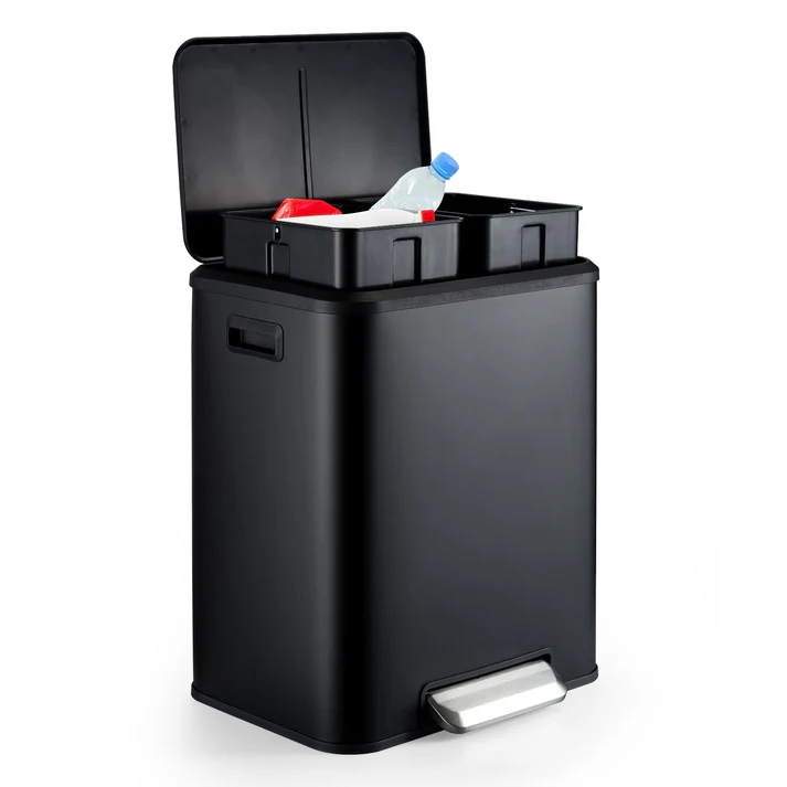 Garvee 2x15L Dual Step Trash Can & Recycle Bin with Soft Close Lid, Touchless Trash Can with Foot Pedal and Inner