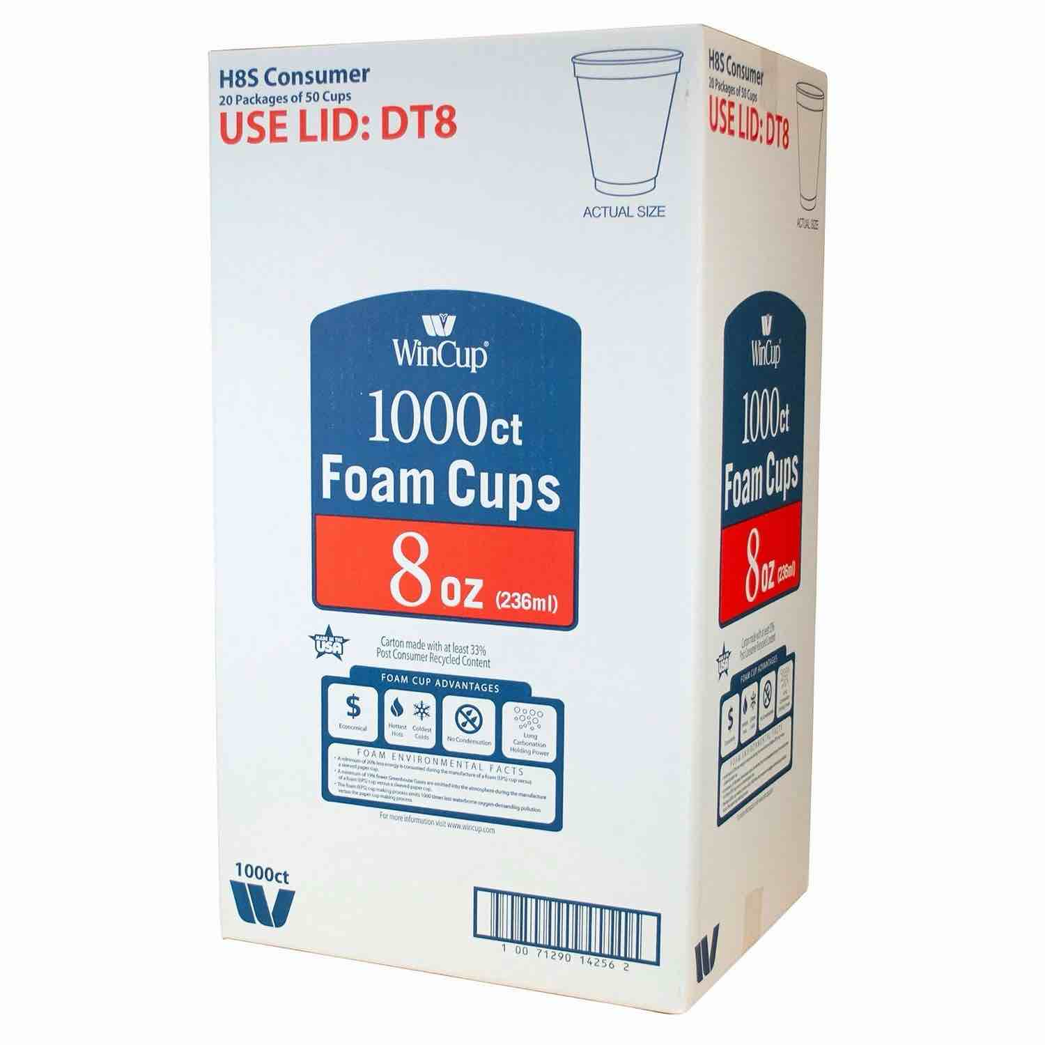 WinCup Foam Drink Cups, White, 8 Ounce (1,000 Count)