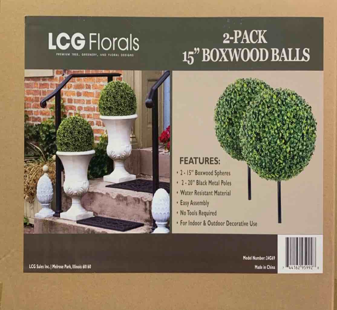 LCG Florals 2-Pack 15" Premium Decorative Artificial 15" Boxwood Balls