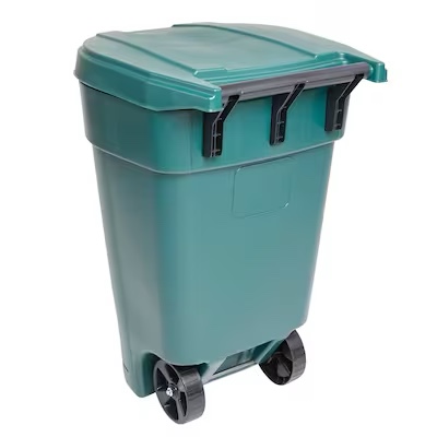 project source 50 gallon green plastic wheeled outdoor hinged lid trash can