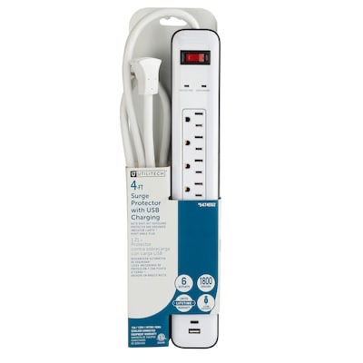 Utilitech 4-ft Surge Protection 6 -Outlet 1800 Joules 1875 -Watts 1100VA White Indoor USB AC Surge
