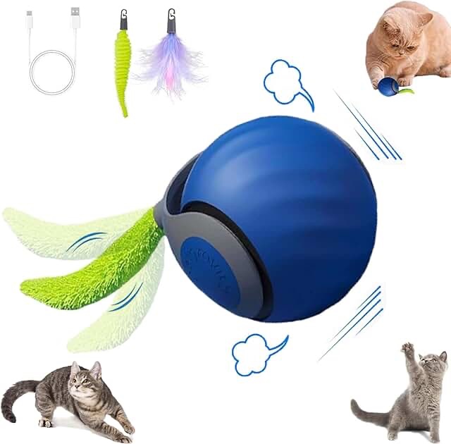 Speedy Cat Tail Toy 2.0,USB Rechargeable Smart Interactive Cat Ball,Automatic Moving Ball Toy for Indoor Cats, Replaceable Tail Assorted Colors 