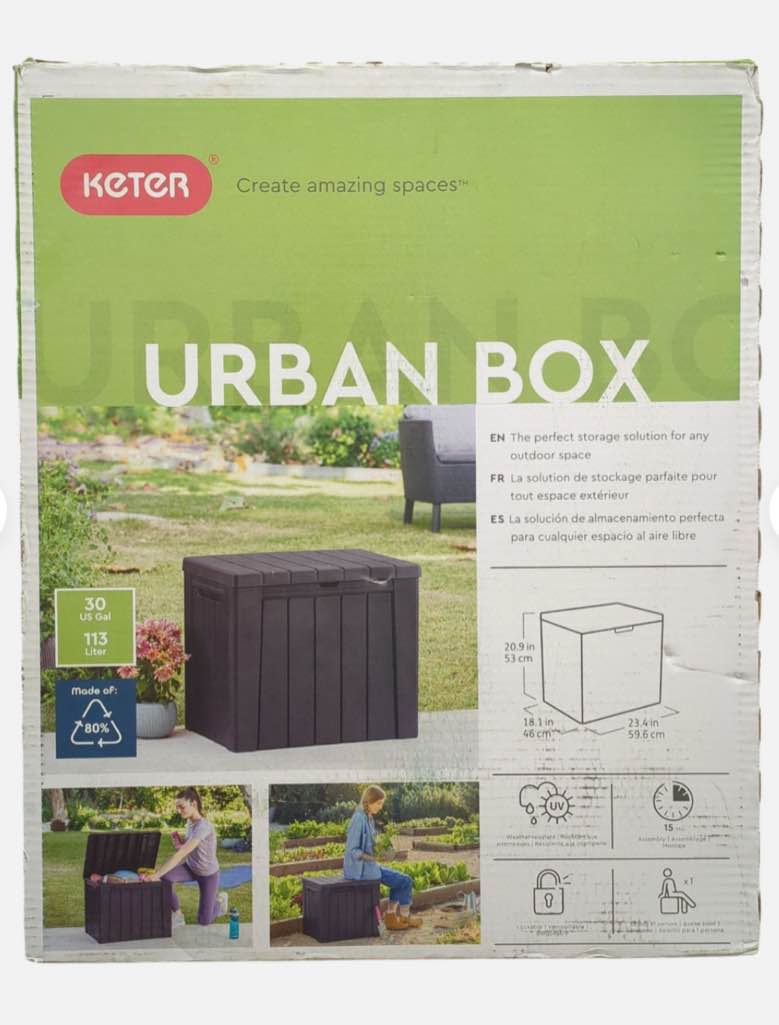  keter urban 30gal uv-protected resin outdoor deck box/storage table, graphite